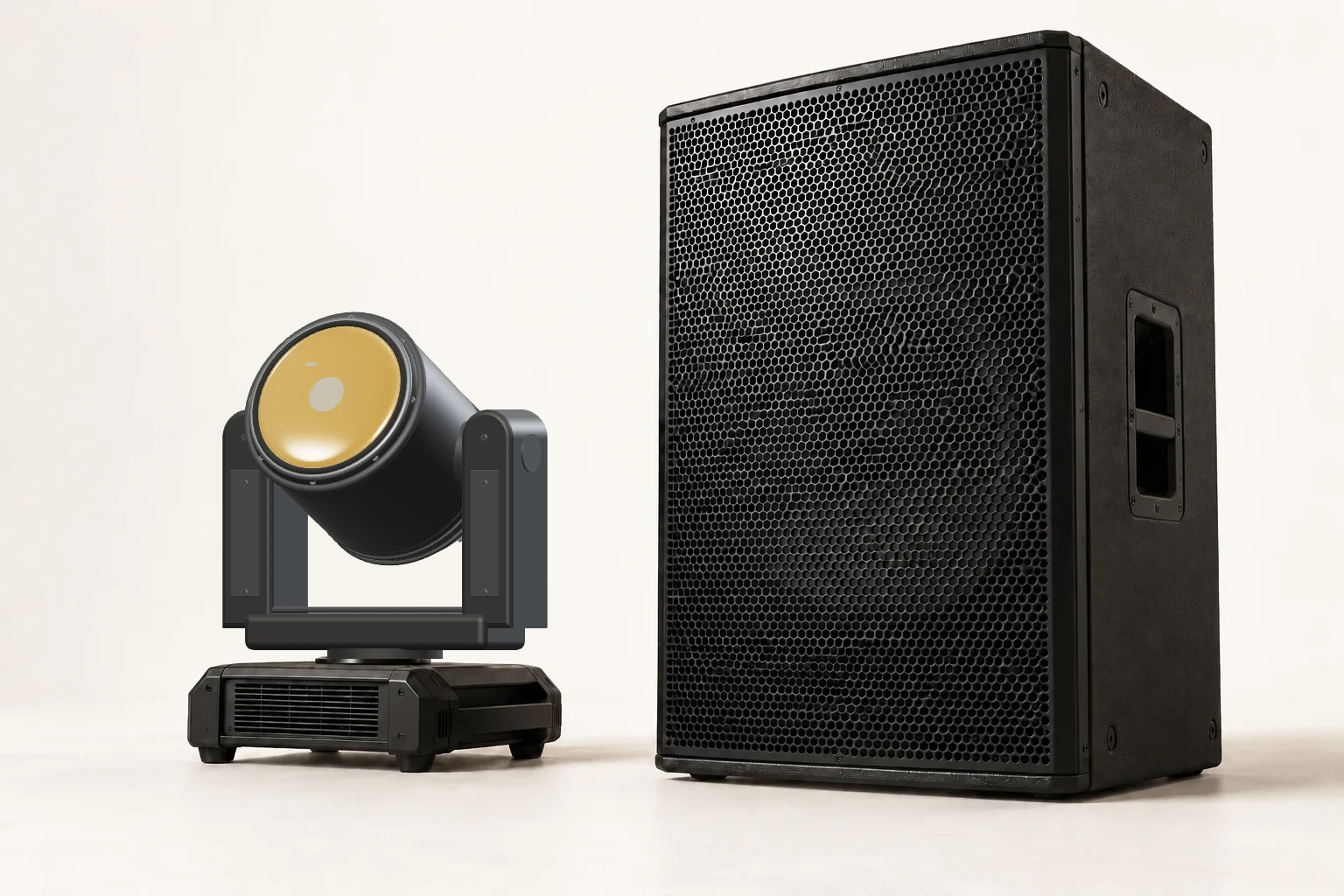 Professional black loudspeaker and moving-head light